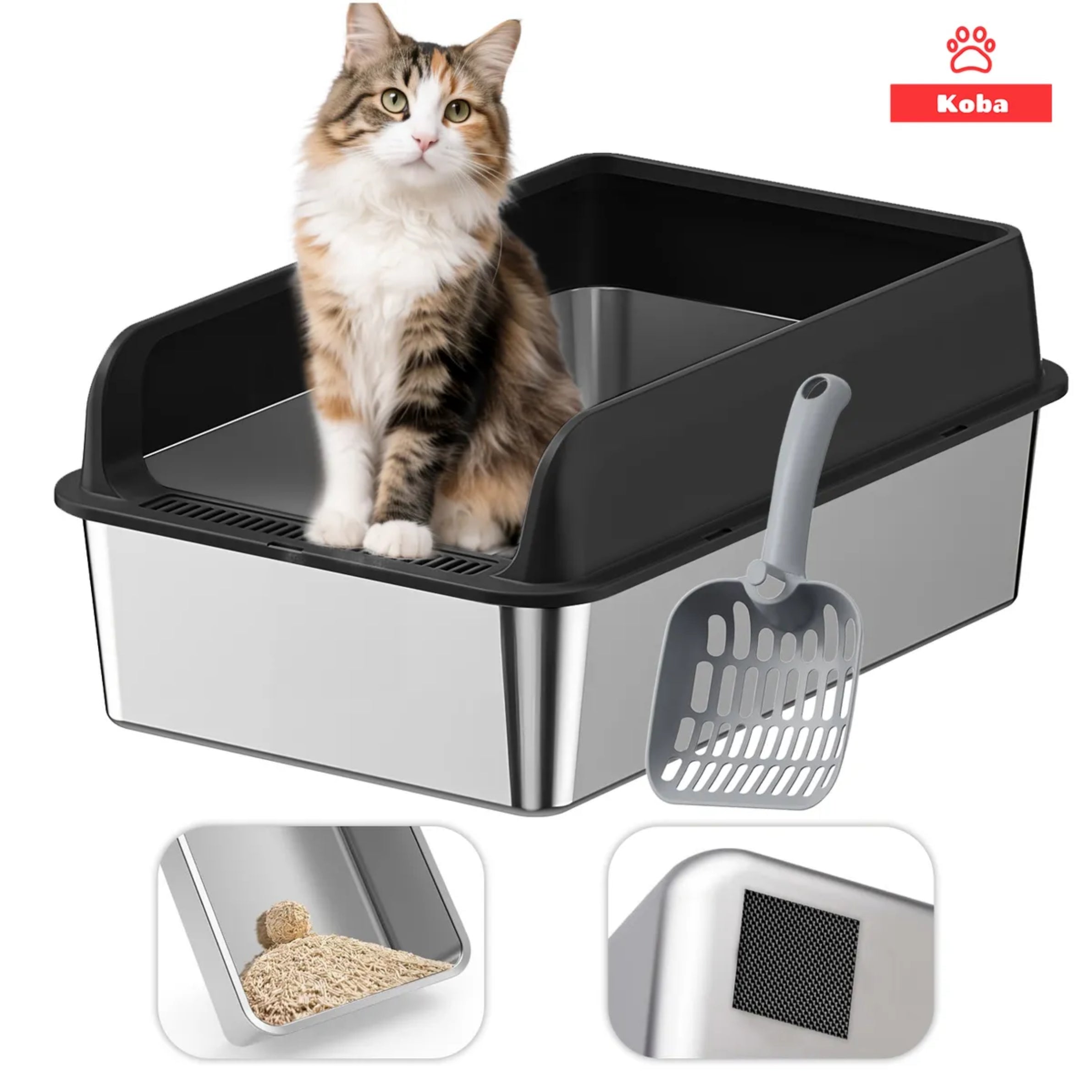 Arenero Gatos Grande Baño Sanitario Acero Inoxidable Con Pala Negro