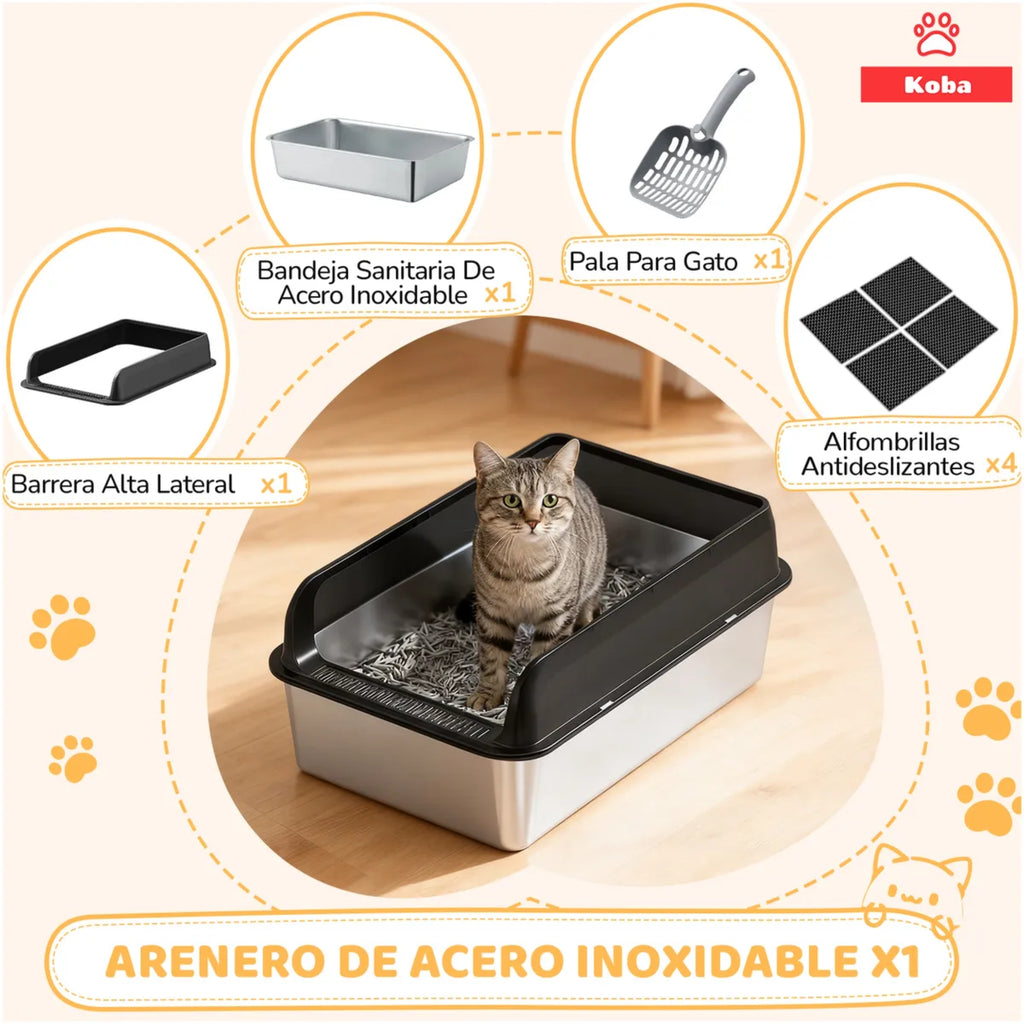 Arenero Gatos Grande Baño Sanitario Acero Inoxidable Con Pala Negro